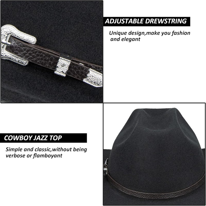 FGSS Womens Western-Cowboy-Hats Classic Felt-Hats - Rodeo Wide-Brim-Cowgirl Jazz-Hat with Buckle Belt(Lagre) - Image 3